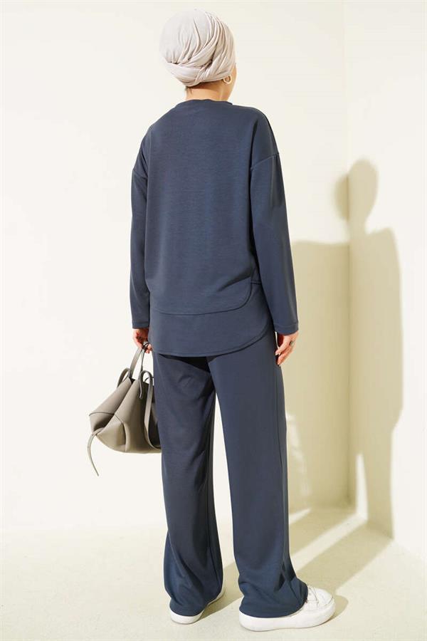 Crew Neck Oval Detailed 2 Piece Set in Smoke