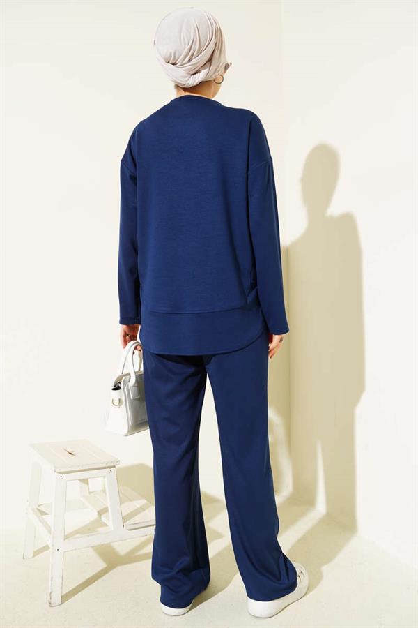 Crew Neck Oval Detailed 2 Piece Set Navy Blue