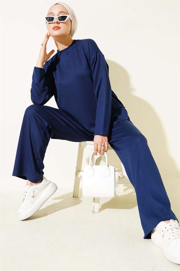 Crew Neck Oval Detailed 2 Piece Set Navy Blue