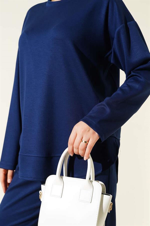 Crew Neck Oval Detailed 2 Piece Set Navy Blue