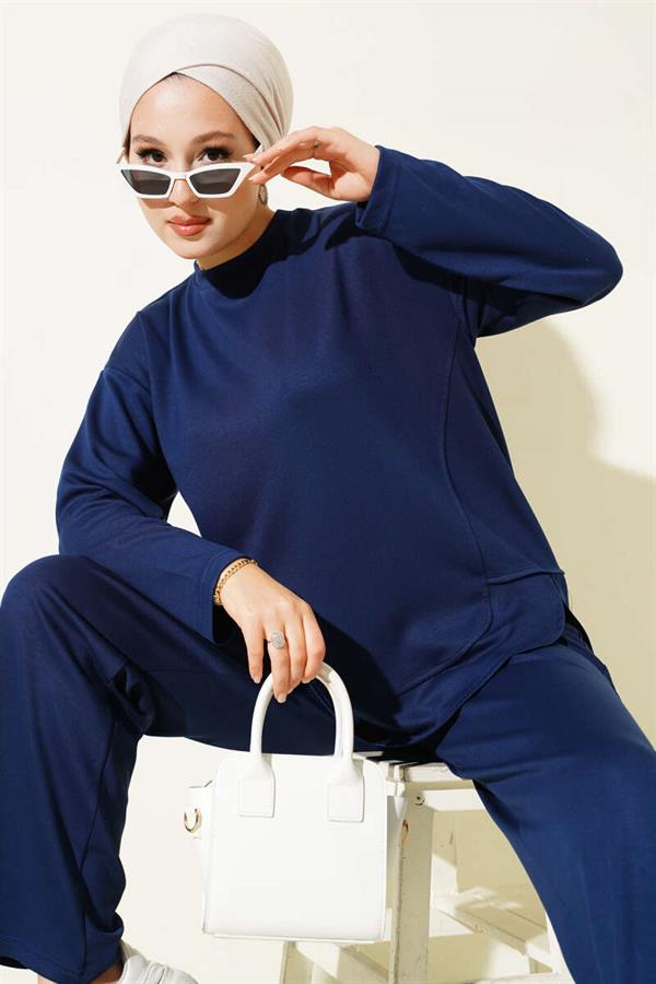 Crew Neck Oval Detailed 2 Piece Set Navy Blue