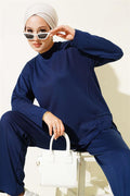 Crew Neck Oval Detailed 2 Piece Set Navy Blue