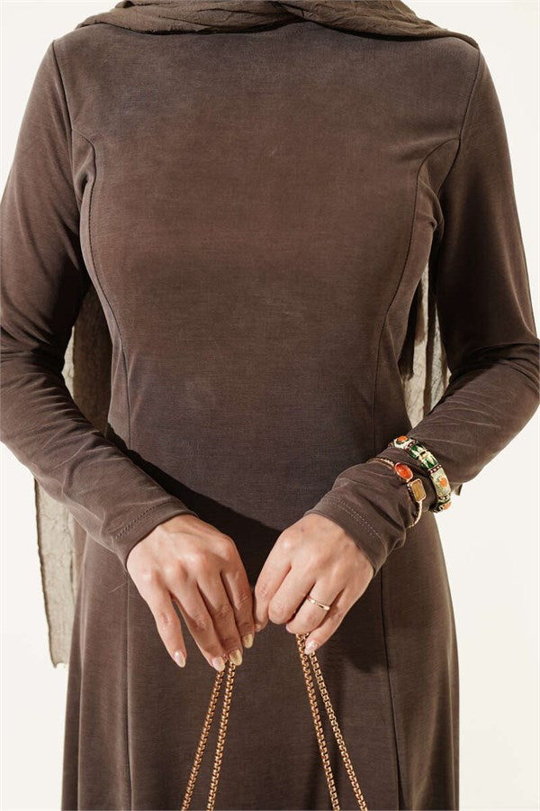 Crew Neck Dress with Darts, Dark Brown