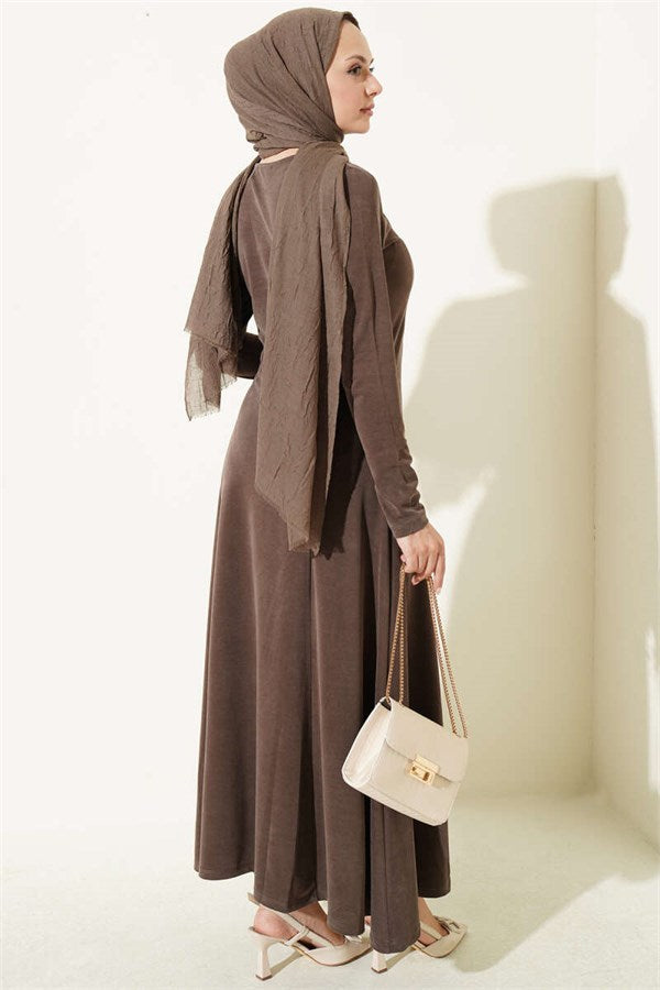 Crew Neck Dress with Darts, Dark Brown