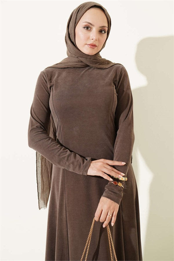 Crew Neck Dress with Darts, Dark Brown