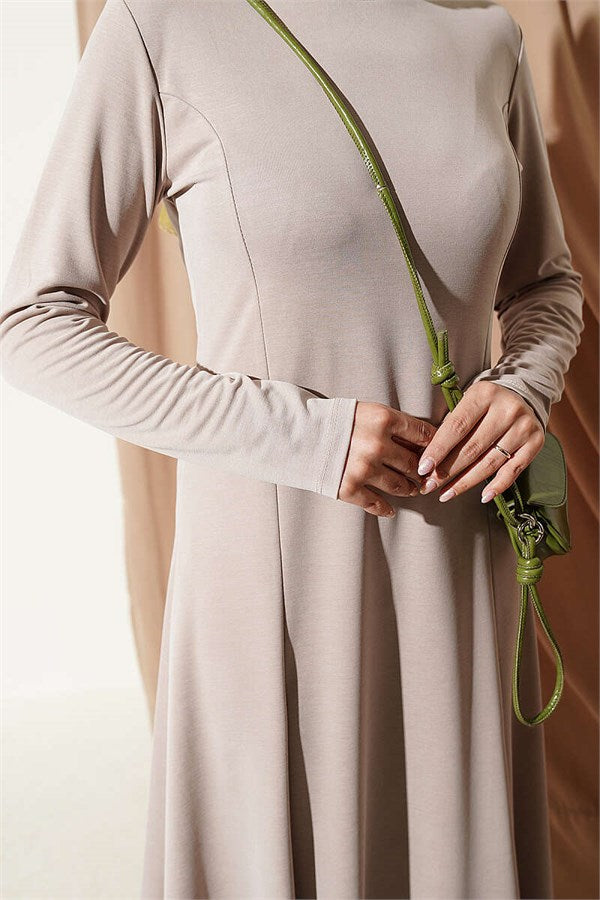 Crew Neck Dress with Darts, Beige