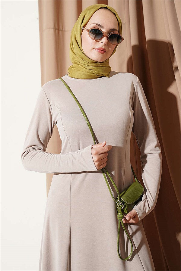 Crew Neck Dress with Darts, Beige