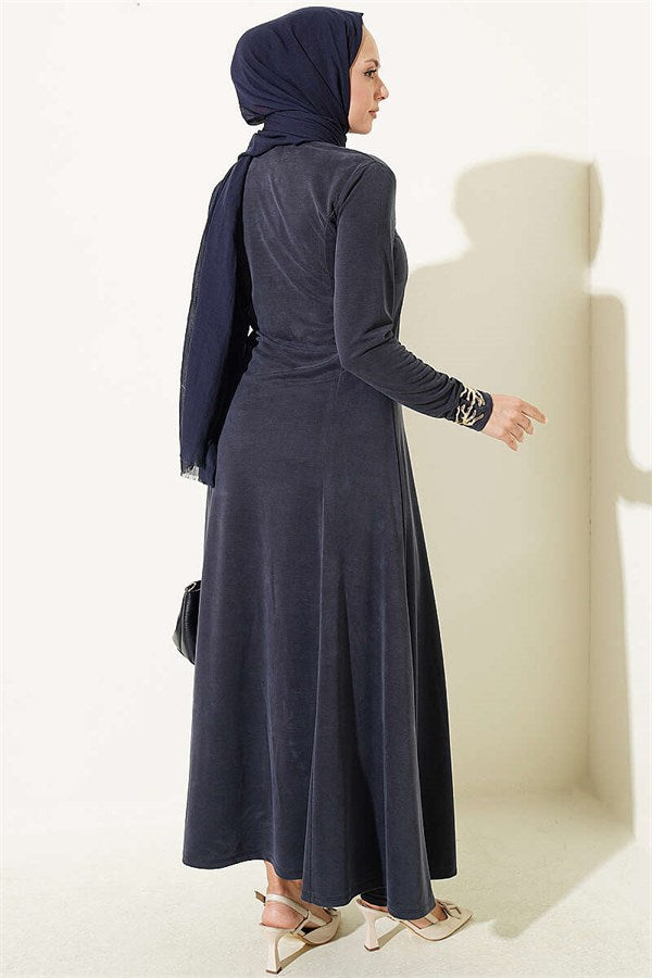 Indigo Crew Neck Dress with Darts