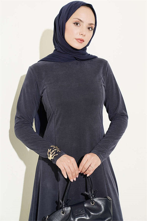 Indigo Crew Neck Dress with Darts