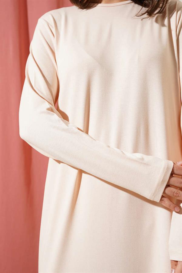 Crew Neck Combed Cotton Dress Beige