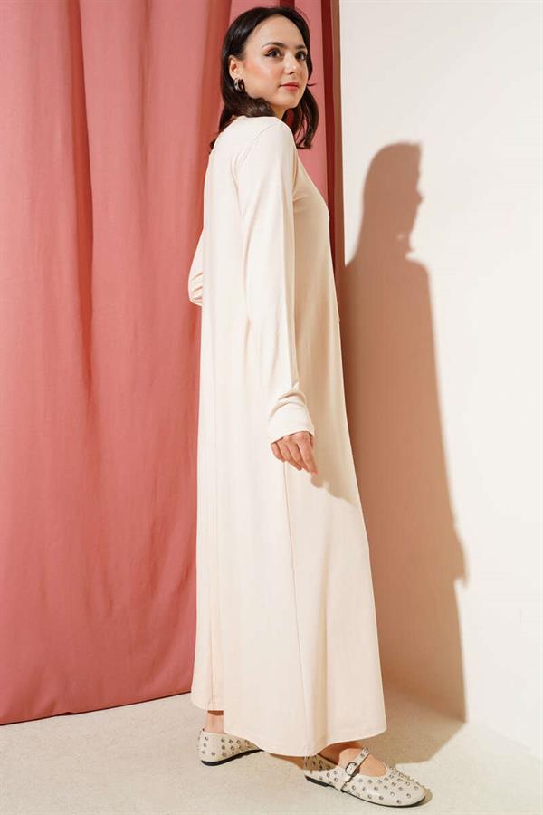 Crew Neck Combed Cotton Dress Beige