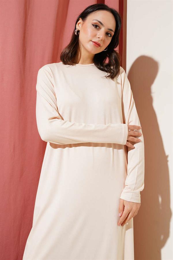 Crew Neck Combed Cotton Dress Beige
