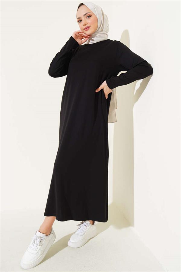 Crew Neck Combed Cotton Dress Black