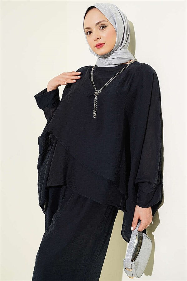 Crew Neck Trousers 2 Piece Set, Navy Blue