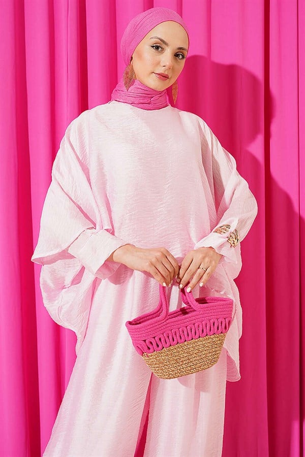 Pink Crew Neck Harem Pants 2 Piece Set