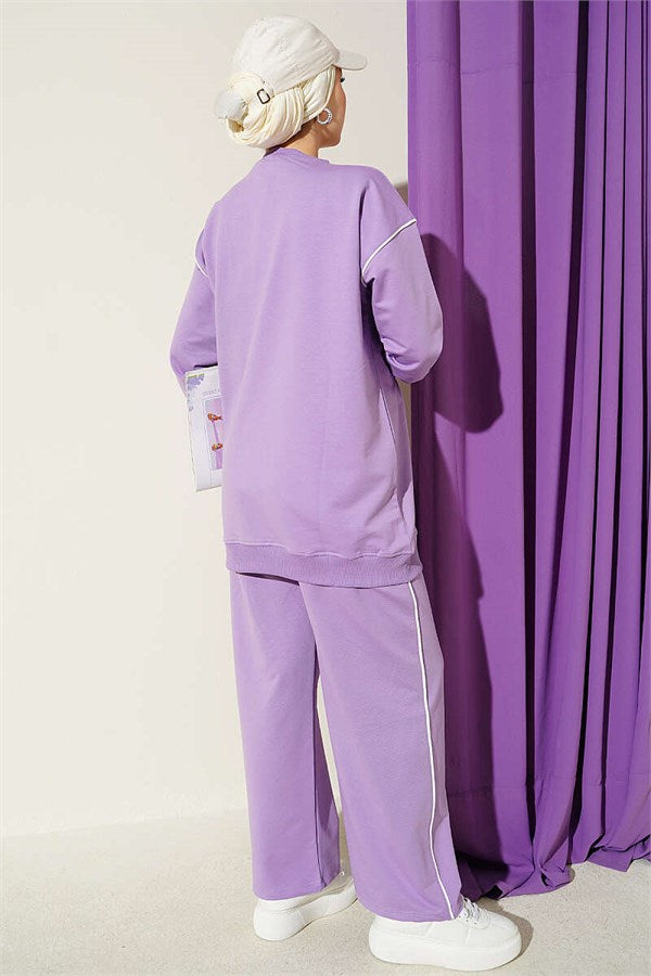Two-Piece Set with Crew Neck and Stripe, Lilac