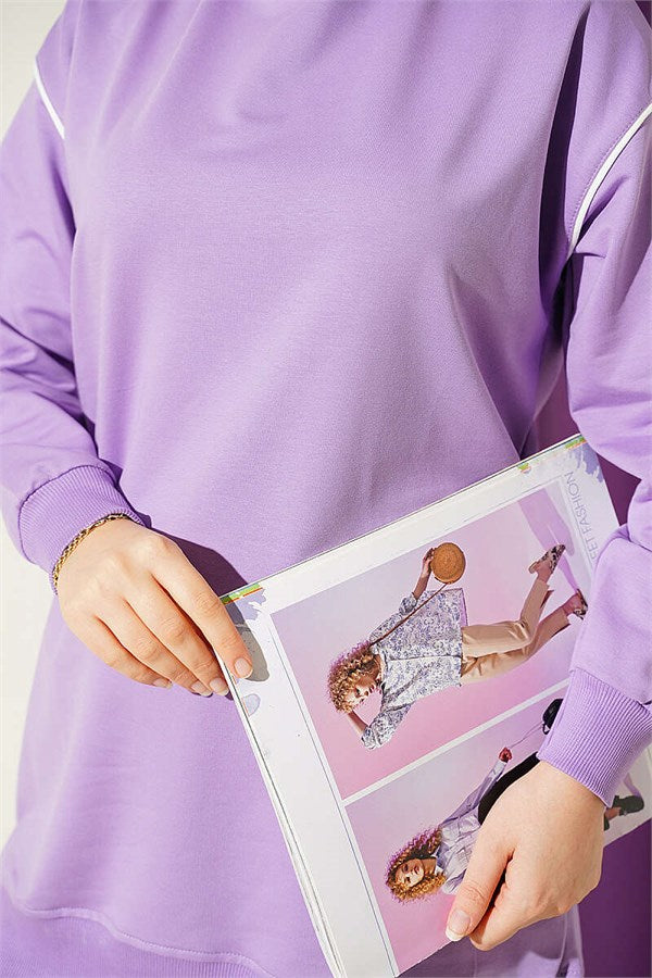 Two-Piece Set with Crew Neck and Stripe, Lilac