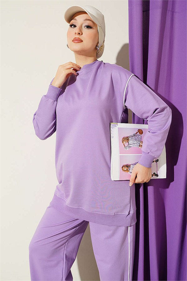 Two-Piece Set with Crew Neck and Stripe, Lilac