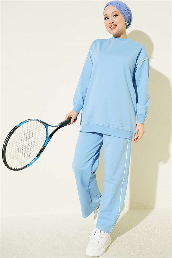 Crew Neck Striped Two-Piece Set, Blue