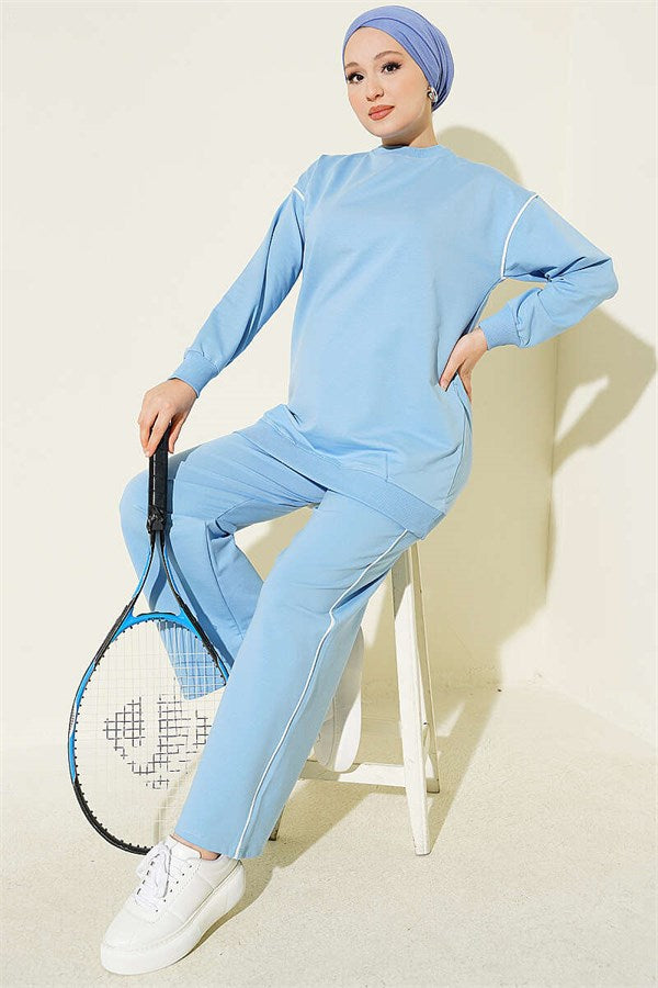Crew Neck Striped Two-Piece Set, Blue