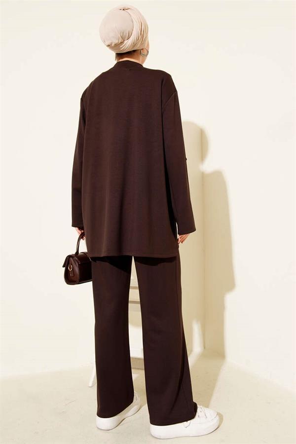 Crew Neck Side Tie 2 Piece Set Brown