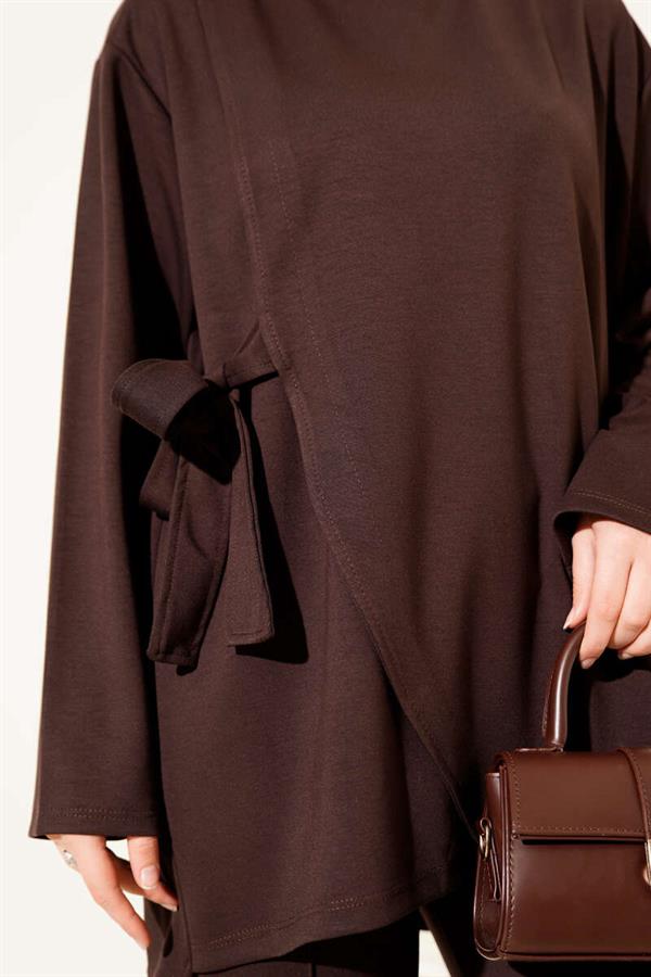 Crew Neck Side Tie 2 Piece Set Brown