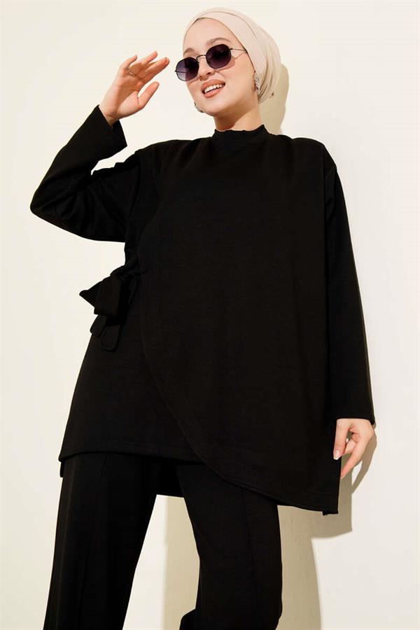 Crew Neck Side Tie 2 Piece Set Black