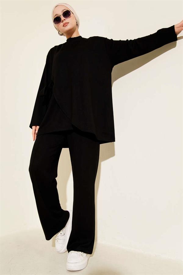 Crew Neck Side Tie 2 Piece Set Black