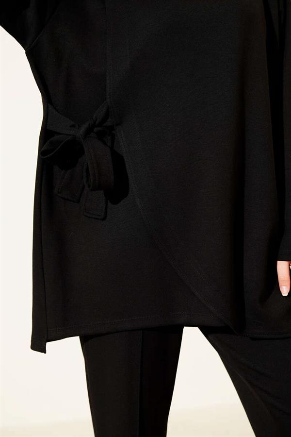 Crew Neck Side Tie 2 Piece Set Black