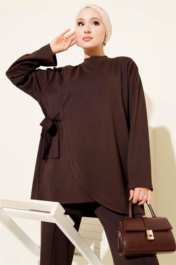 Crew Neck Side Tie 2 Piece Set Brown