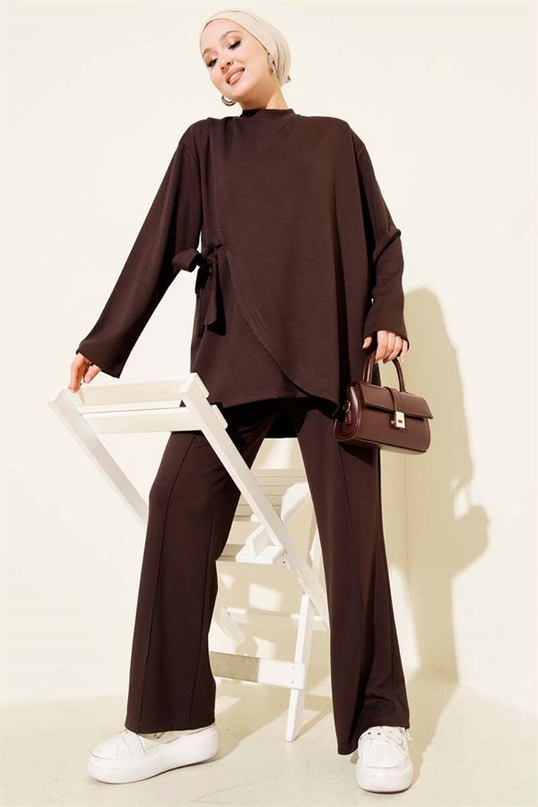 Crew Neck Side Tie 2 Piece Set Brown
