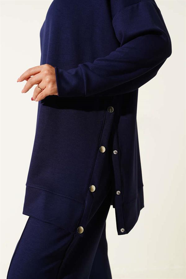 Crew Neck 2 Piece Set with Metal Buttons on the Sides, Navy Blue