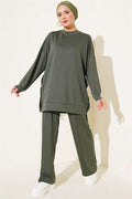 Crew Neck 2 Piece Set with Metal Buttons on the Sides, Khaki