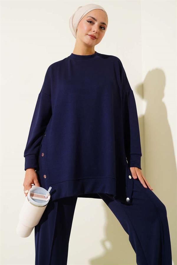 Crew Neck 2 Piece Set with Metal Buttons on the Sides, Navy Blue