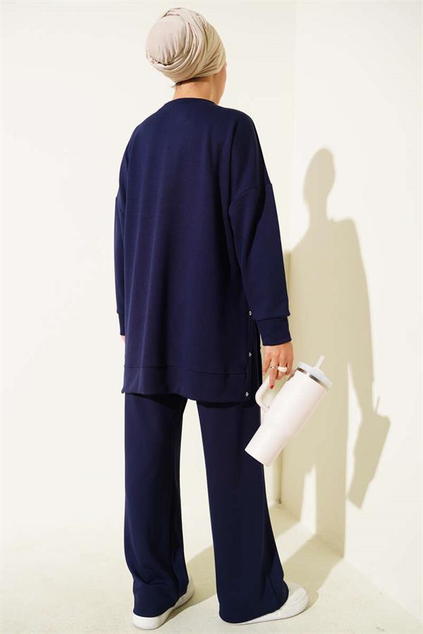 Crew Neck 2 Piece Set with Metal Buttons on the Sides, Navy Blue