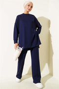 Crew Neck 2 Piece Set with Metal Buttons on the Sides, Navy Blue