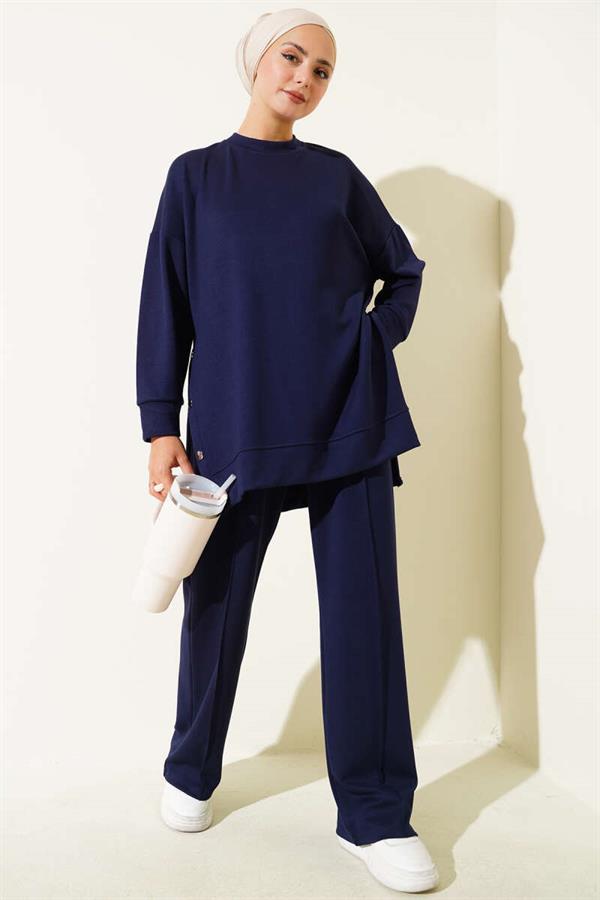 Crew Neck 2 Piece Set with Metal Buttons on the Sides, Navy Blue