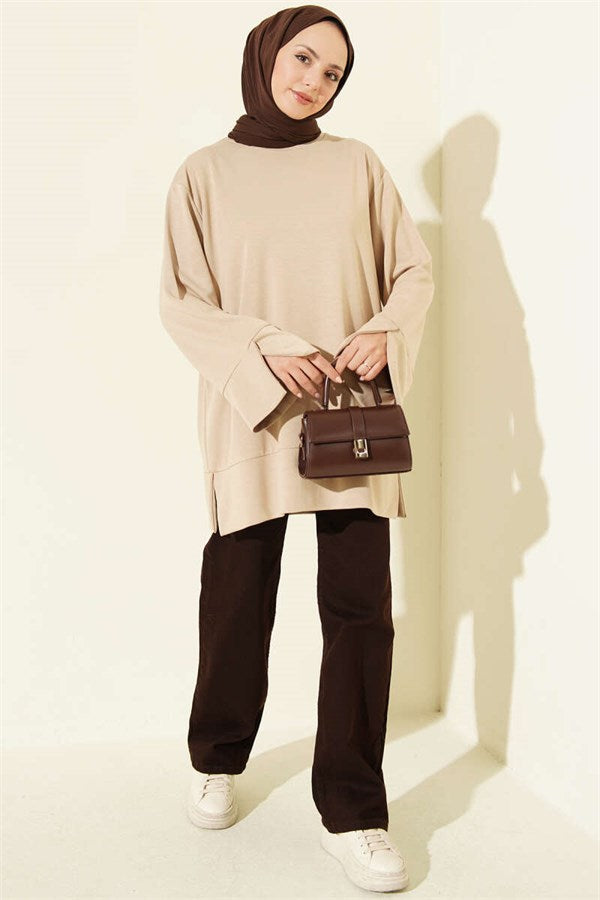 Crew Neck Tunic with Slit Detail, Beige