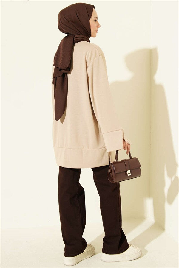 Crew Neck Tunic with Slit Detail, Beige