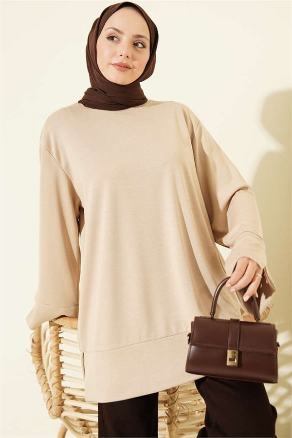 Crew Neck Tunic with Slit Detail, Beige