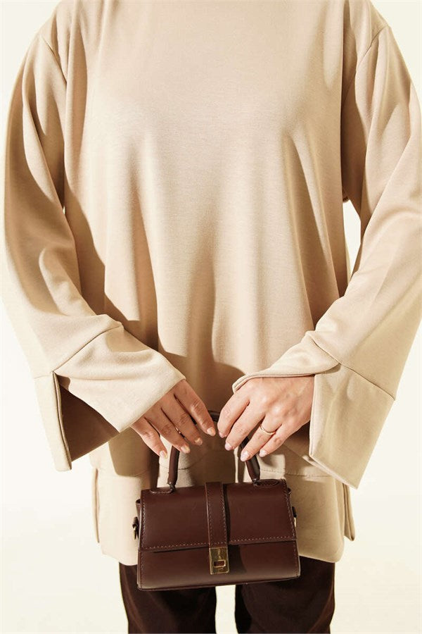 Crew Neck Tunic with Slit Detail, Beige