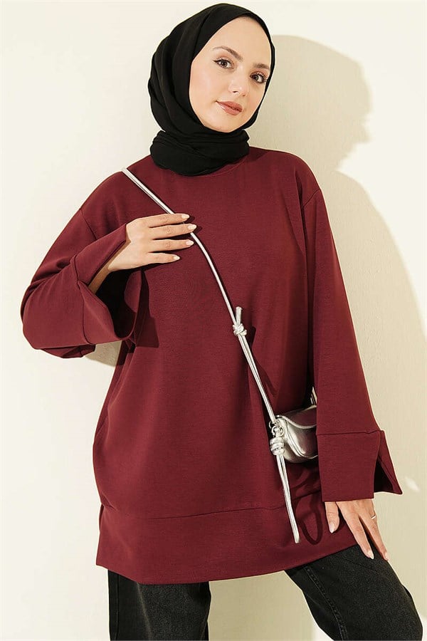 Bicycle Collar Tunic with Slit Detail, Burgundy