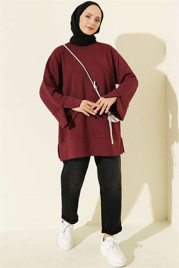 Bicycle Collar Tunic with Slit Detail, Burgundy