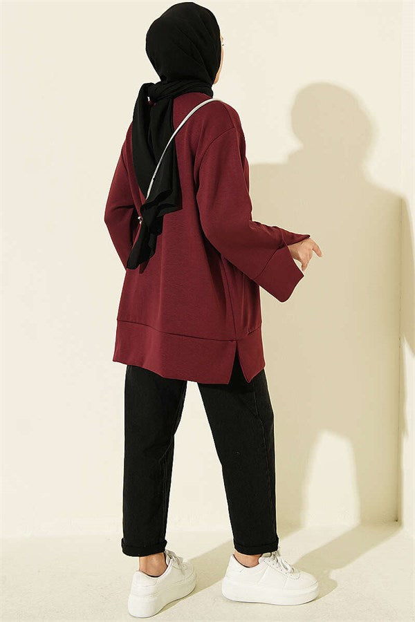 Bicycle Collar Tunic with Slit Detail, Burgundy