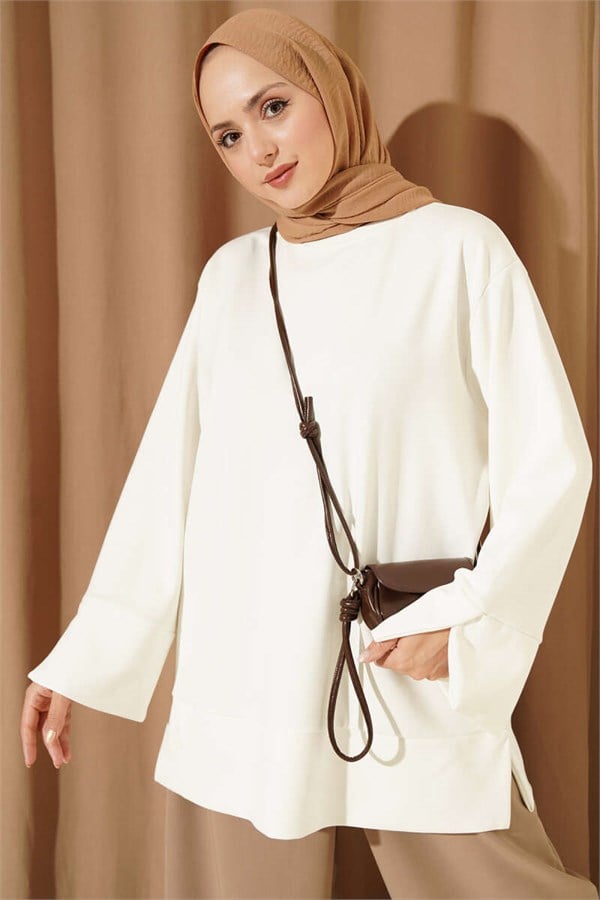 Crew Neck Tunic with Slit Detail, Ecru