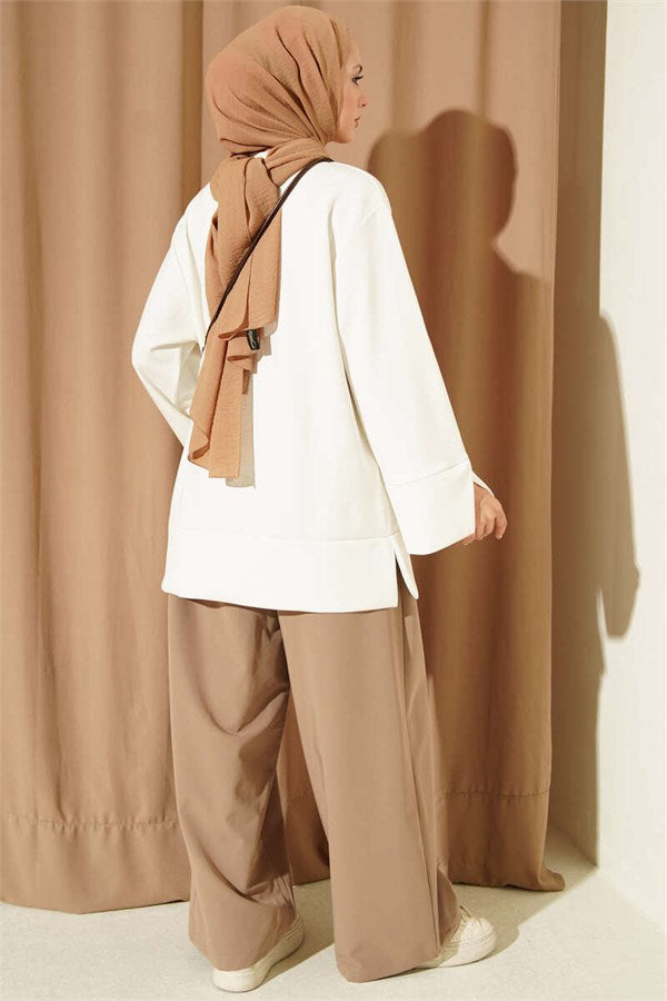 Crew Neck Tunic with Slit Detail, Ecru