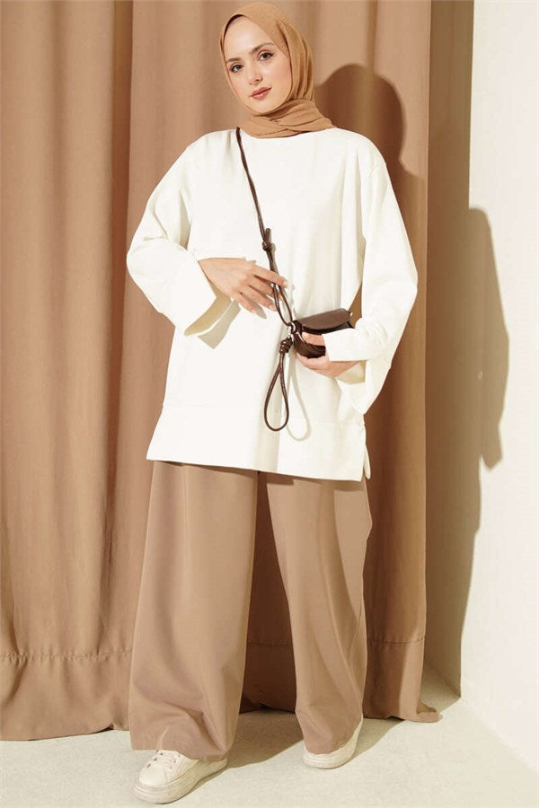 Crew Neck Tunic with Slit Detail, Ecru