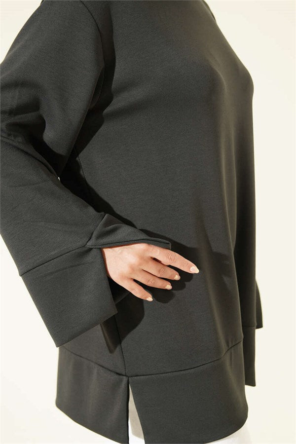 Crew Neck Tunic with Slit Detail, Dark Gray