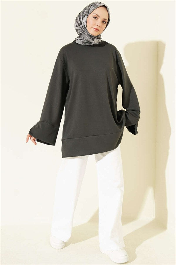 Crew Neck Tunic with Slit Detail, Dark Gray