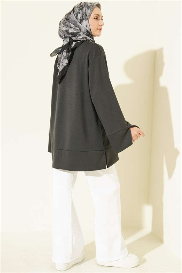 Crew Neck Tunic with Slit Detail, Dark Gray